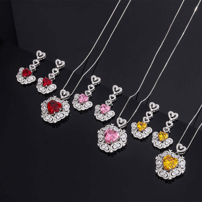 Red/Pink/Yellow Retro Pendant Heart Cut Diamond Luxury 18k White Gold Plated Necklace Earrings Jewelry Set | Mix Mix Style-Mix MIx Style