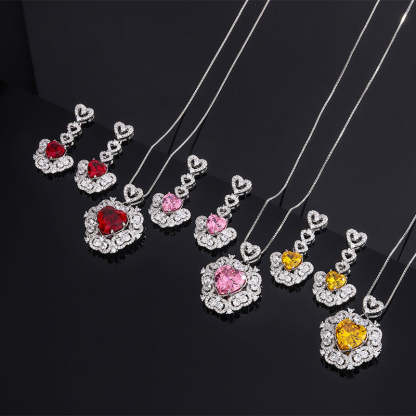 Red/Pink/Yellow Retro Pendant Heart Cut Diamond Luxury 18k White Gold Plated Necklace Earrings Jewelry Set | Mix Mix Style-Mix MIx Style