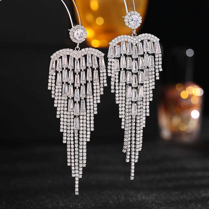 Light luxury style high-end Korean style earrings wholesale exaggerated and long style super flash zircon claw chain love tassel earrings-Mix MIx Style
