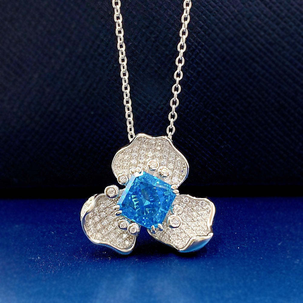 Blue & white Flower Trendy round Cut Moissanite Diamond 3ct Pendant El