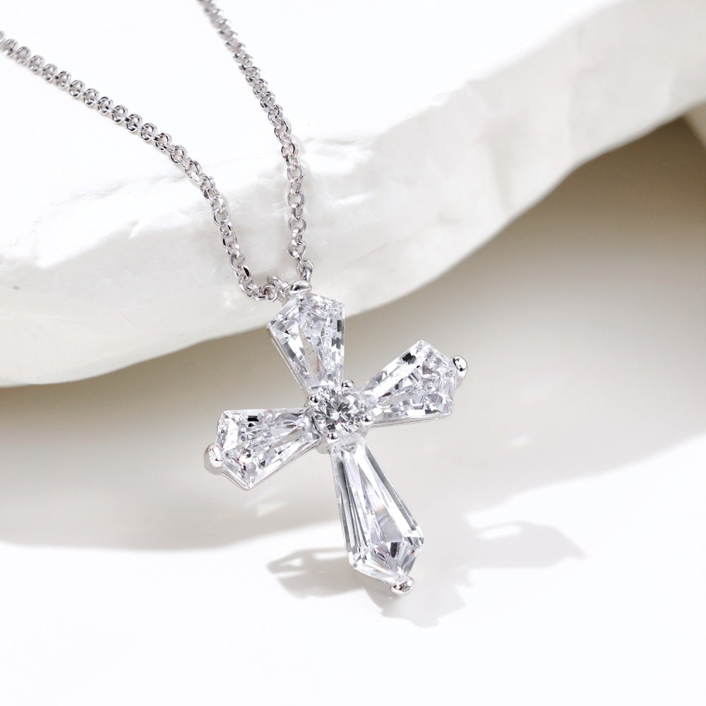 S925 sterling silver necklace women's light luxury high-end super fairy pentagonal zircon cross pendant niche hip-hop necklace-Mix MIx Style