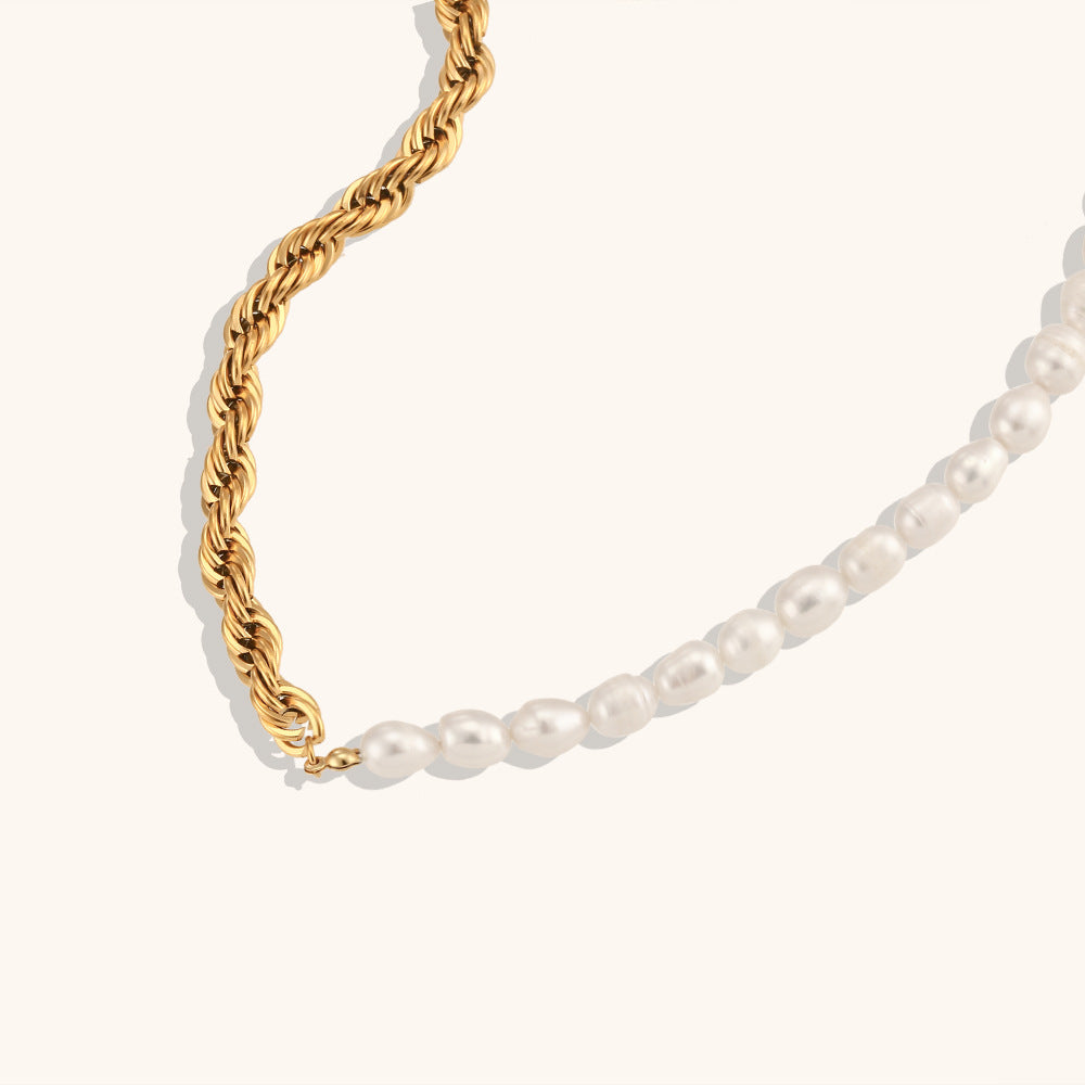 Half Pearl & Half Chain Vintage Classic Luxury 18k Gold Plated Necklace Bracelet Jewelry Set | Mix Mix Style-Mix MIx Style