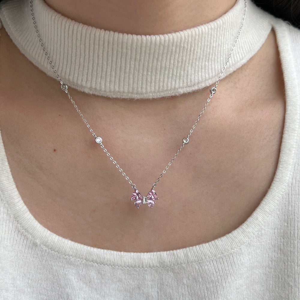 Linlang s925 sterling silver butterfly necklace for women inlaid with fat triangle zircon light luxury simple bow pendant clavicle chain-Mix MIx Style