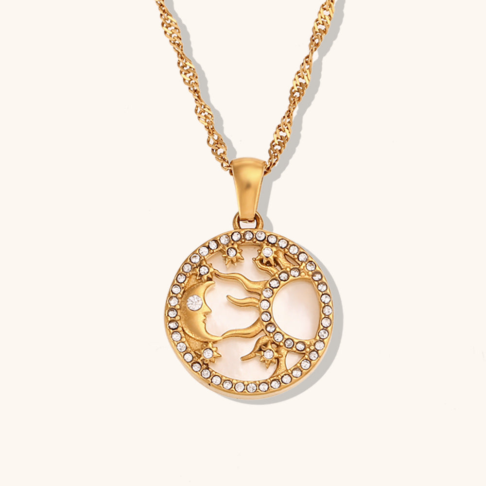 Circle Moon & Sun Retro Classic Pendant White Diamonds Luxury 18k Vermeil Gold Plated Necklace Jewelry | Mix Mix Style-Mix MIx Style