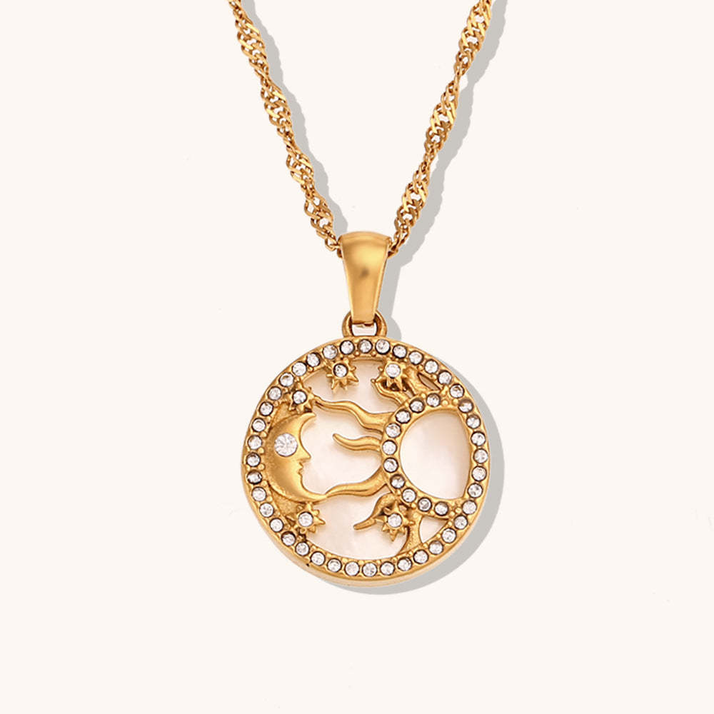 Circle Moon & Sun Retro Classic Pendant White Diamonds Luxury 18k Vermeil Gold Plated Necklace Jewelry | Mix Mix Style-Mix MIx Style