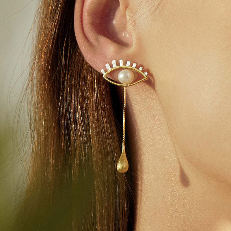 Devil's Eye Shaped Water Drop Round Shaped Blue Gemstone 18k White/Vermeil Gold Plated Drop Earrings | Mix Mix Style-Mix MIx Style