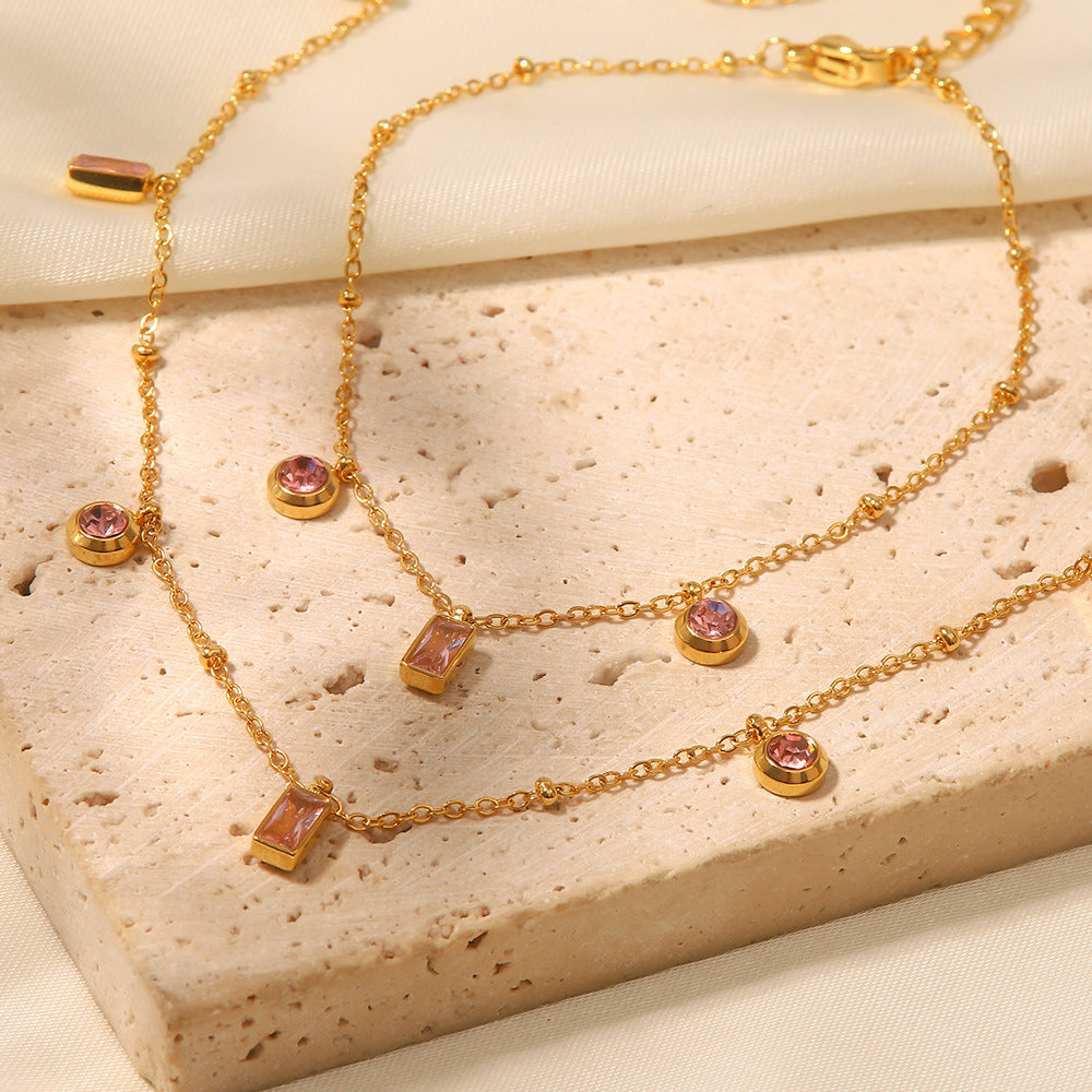 Pink and Purple Moissanite Pendant 18K Gold Plated Chain Bracelet and Necklace | Mix Mix Style [Hot Seller]-Mix MIx Style