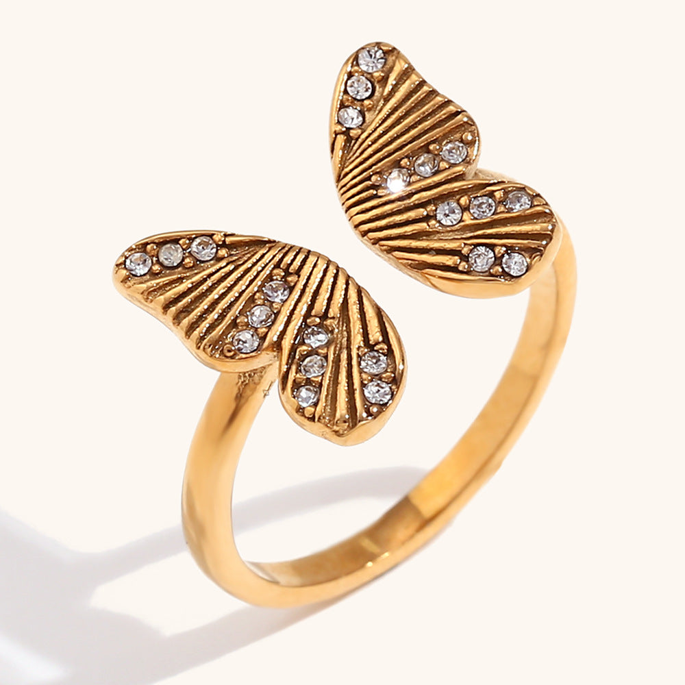 Open Butterfly Retro Micro Diamond Elegant Dainty 18k Vermeil Gold Plated Adjustable Ring Jewelry | Mix Mix Style-Mix MIx Style