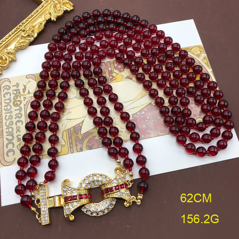 Red Multi-layer Retro Classic Beads Micro Diamonds Luxury 18k Gold Plated Necklace Bracelet Jewelry Set | Mix Mix Style-Mix MIx Style