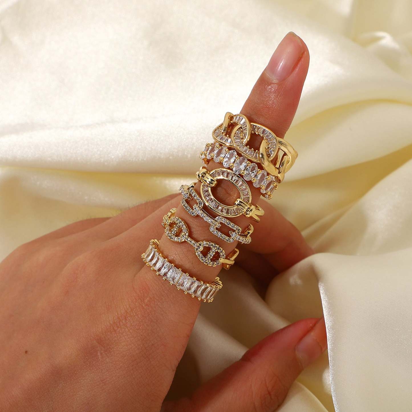 Antique Vintage Chain Style Retro White Radiant Diamonds Luxury 18k Vermeil Gold Plated Ring Jewelry | Mix Mix Style-Mix MIx Style