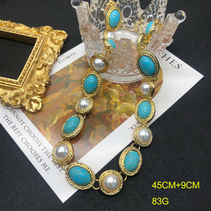 Blue Aquamarine Gemstones Vintage White Akoya Pearls Luxury 18k Vermeil Gold Plated Necklace Earring Bracelet Jewelry Set | Mix Mix Style-Mix MIx Style