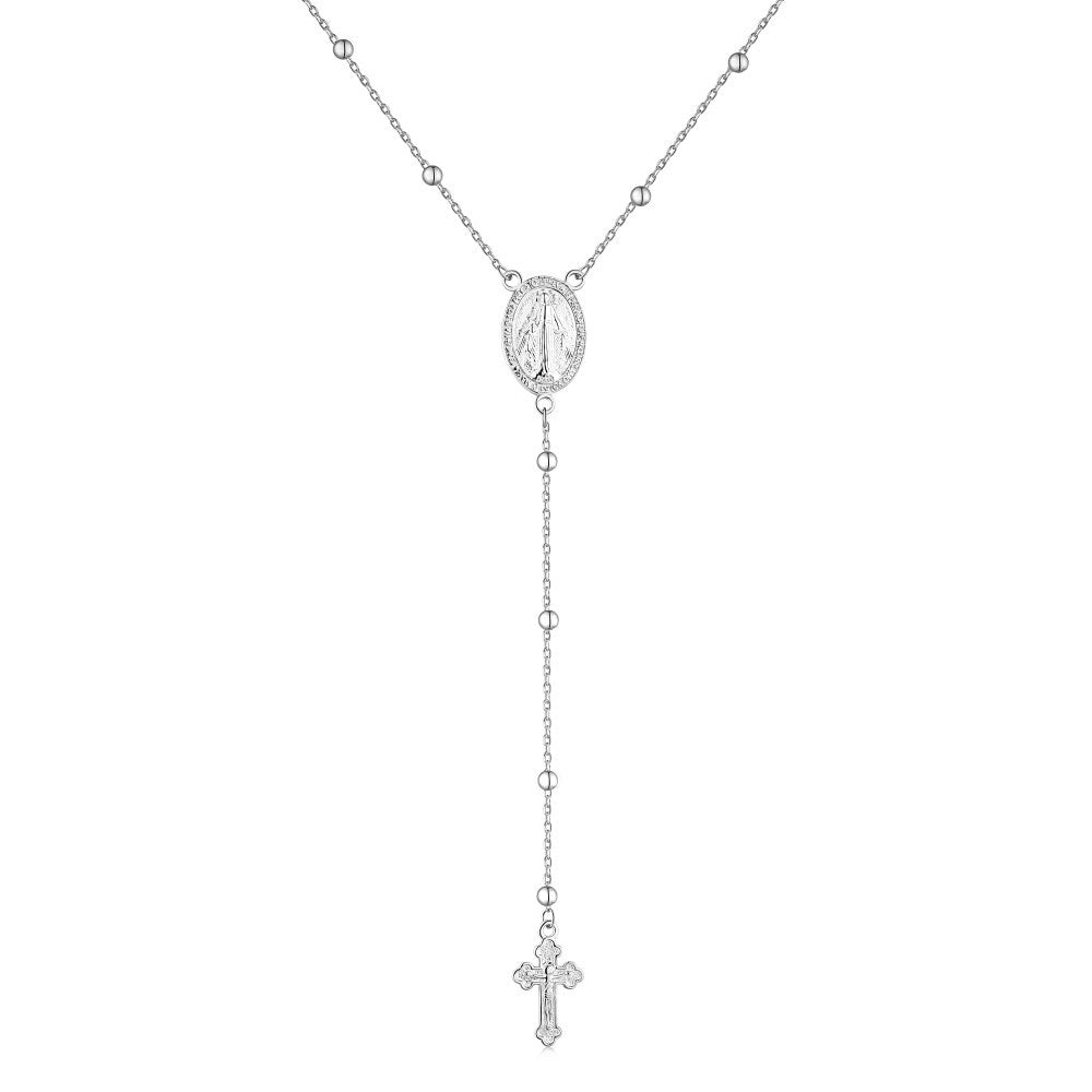 S925 sterling silver necklace female retro fashion simple personality Maria cross pendant long round bead clavicle chain-Mix MIx Style