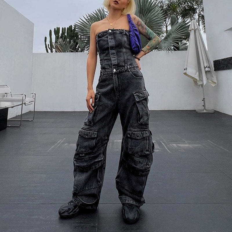 Blue - grey strapless tube top waist multi-pocket denim overalls jumps