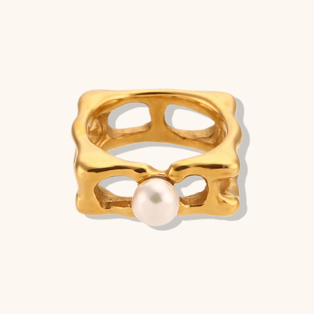 Geometric Vintage Solid White Centre Akoya Pearl Elegant 18k Vermeil Gold Plated Ring Jewelry | Mix Mix Style-Mix MIx Style