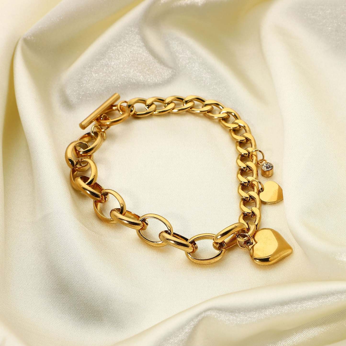 European and American Cuban chain oval chain double spelling love small round zirconium pendant OT buckle bracelet 18K gold-plated stainless steel bracelet-Mix MIx Style
