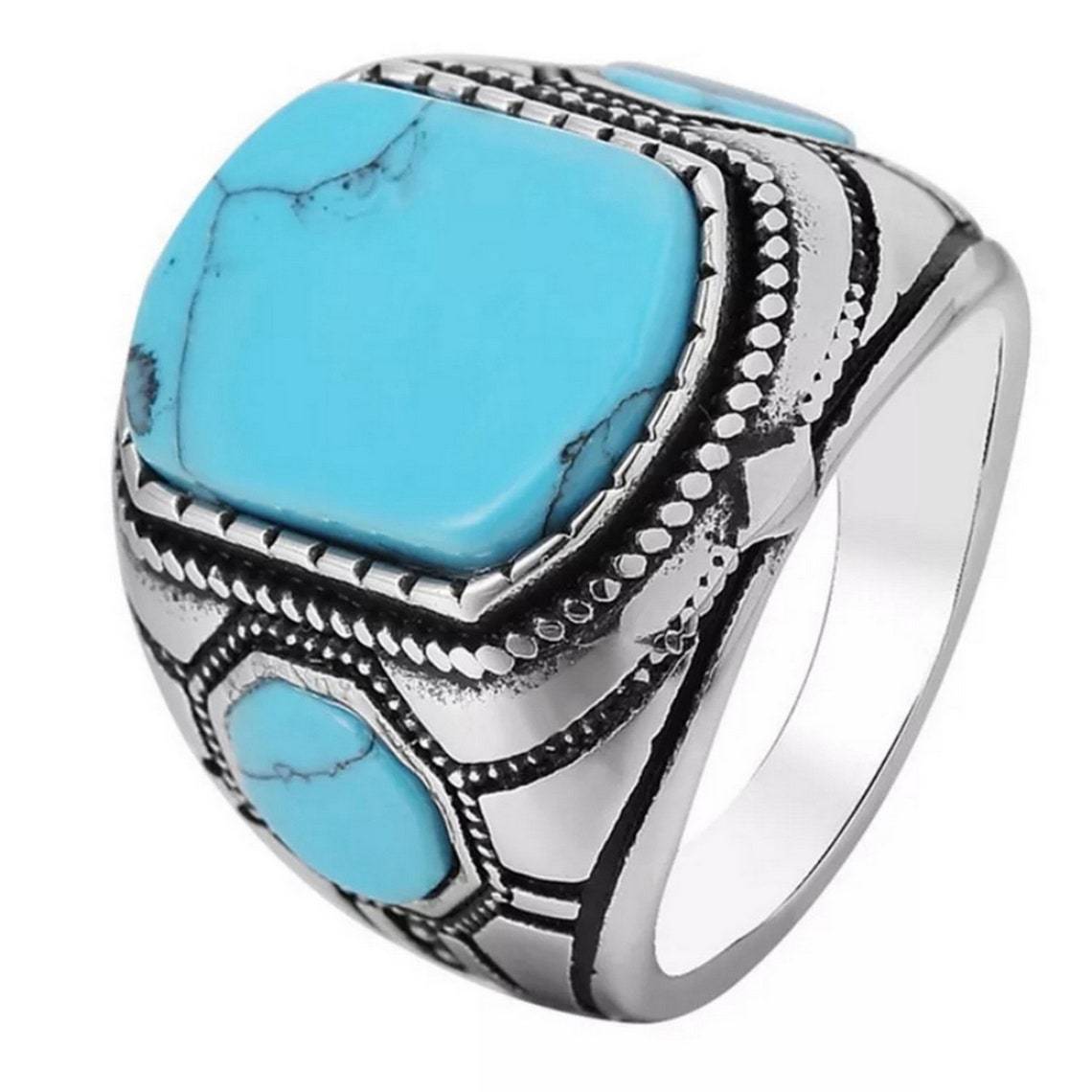 Turquoise retro Square shaped gemstone 18k White Gold Plated Vintage R
