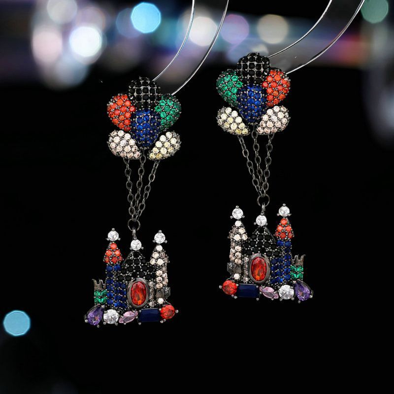 s925 silver needle light luxury high-end earrings wholesale color zircon inlaid creative design balloon castle earrings-Mix MIx Style