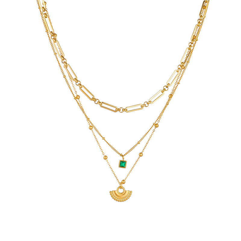 Elegant 18ct Gold Plated square green diamond fan-shaped pendant Moissanite Diamond Chain Fan Pendant Necklace | Mix Mix Style [Hot Seller]-Mix MIx Style