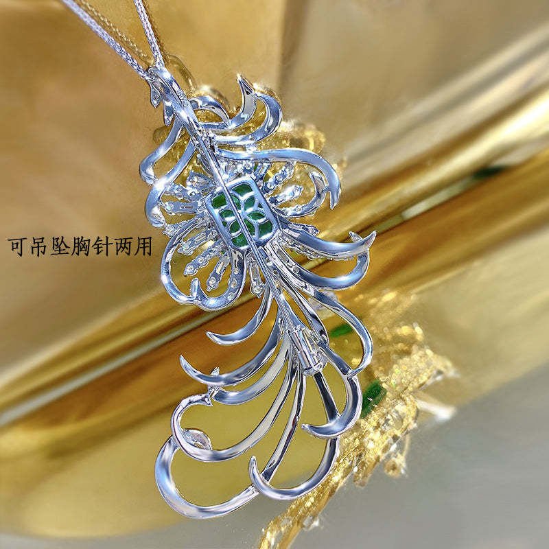 Mujing Jewelry 2022 New Style 925 Silver 10*12 Simulated Emerald Feather Brooch Pendant Luxuriously Inlaid Back Cover Design-Mix MIx Style