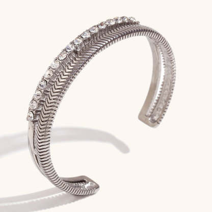 European and American cross-border double-layer diamond-studded herringbone pattern open bracelet stainless steel gold-plated retro holiday style hand jewelry-Mix MIx Style