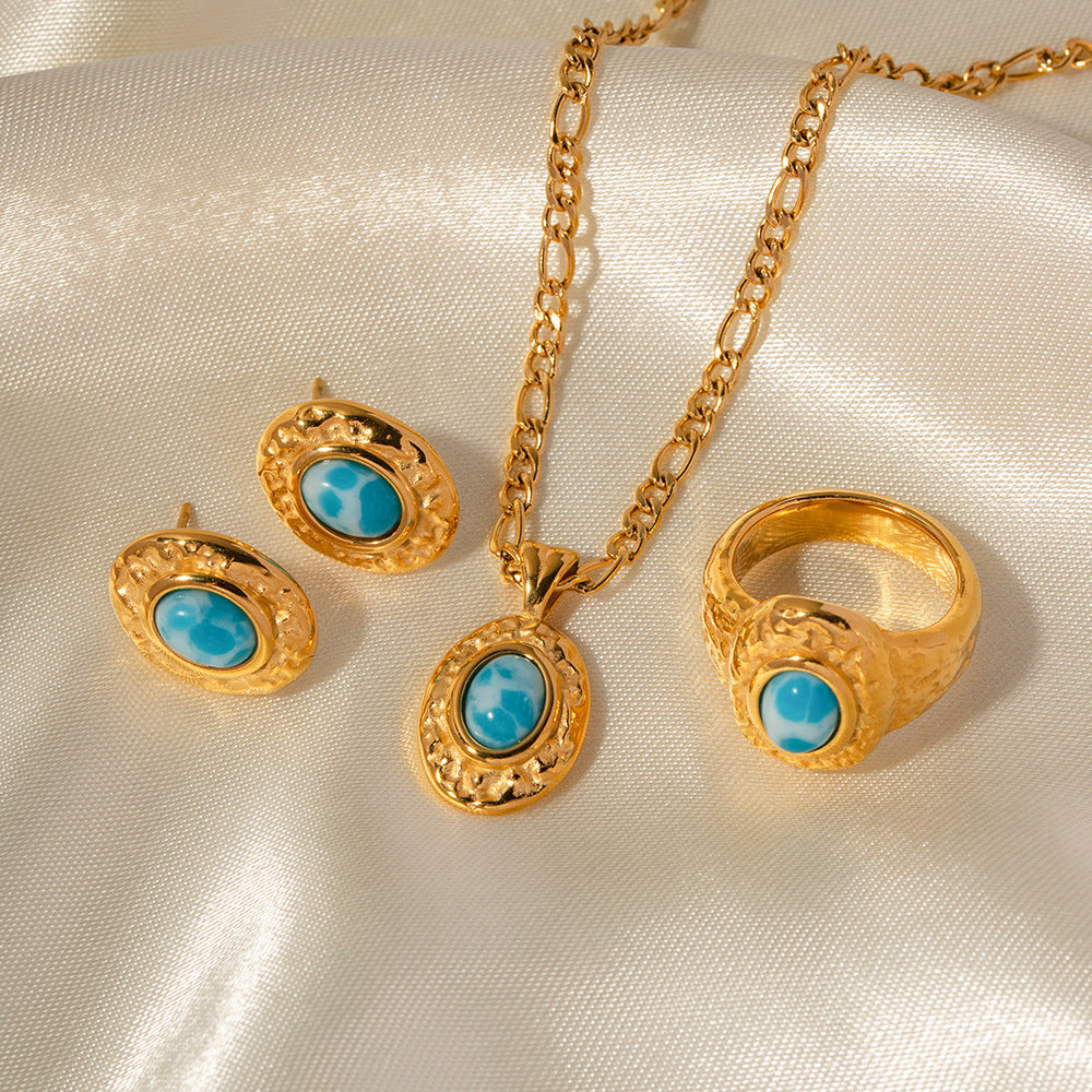 Unique Vintage Blue Turquoise Natural Gem 18K Gold Plated Earrings, Necklace and Ring | Mix Mix Style [Hot Seller]-Mix MIx Style