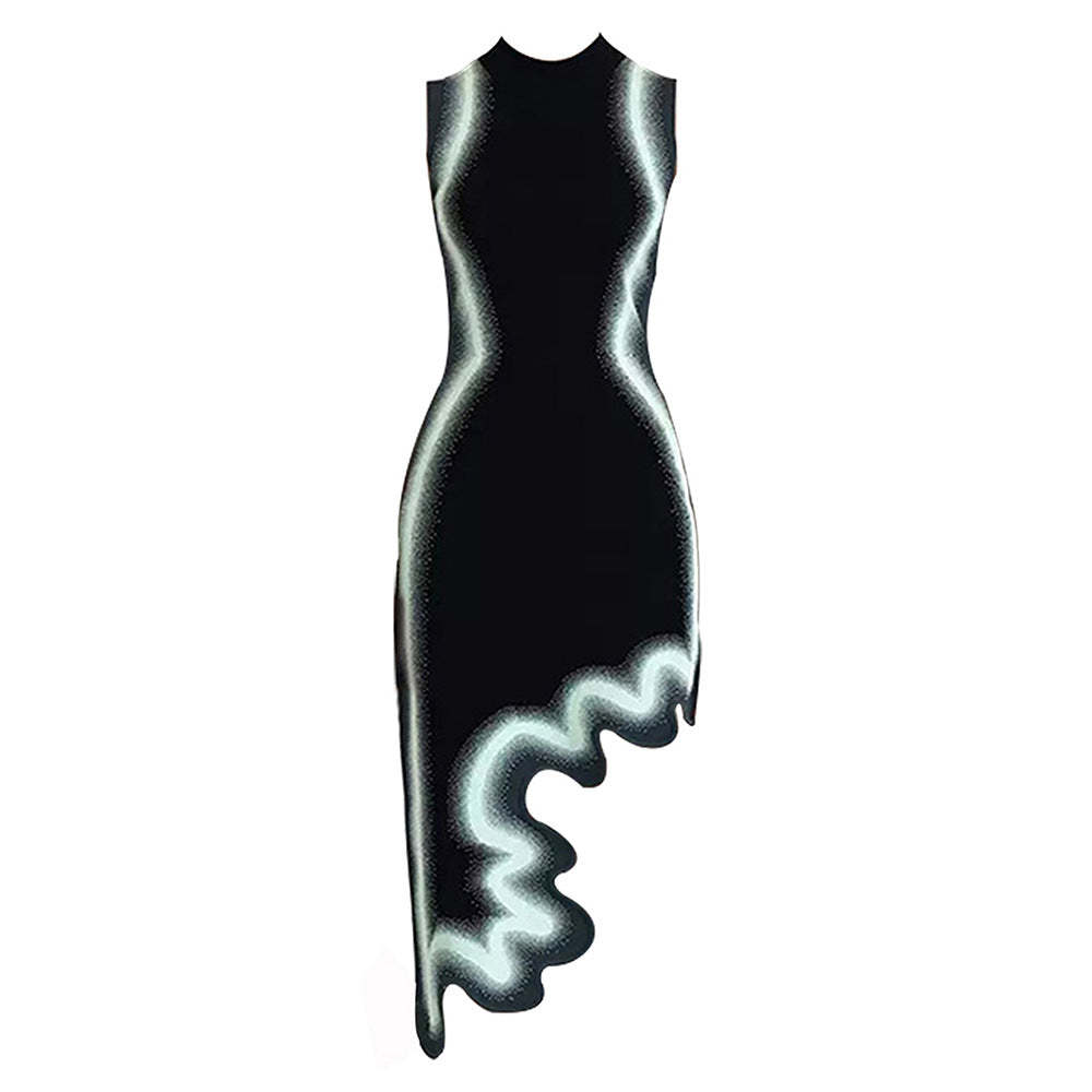 Black irregular tie-dye printed sexy sleeveless knitted dress party dress | Mix Mix Style [Hot Seller]-Mix MIx Style