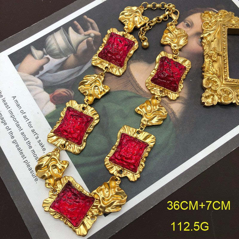 Square Pink Vintage Retro Elegant Luxury 18k Gold Plated Necklace Earring Bracelet Jewelry Set | Mix Mix Style-Mix MIx Style