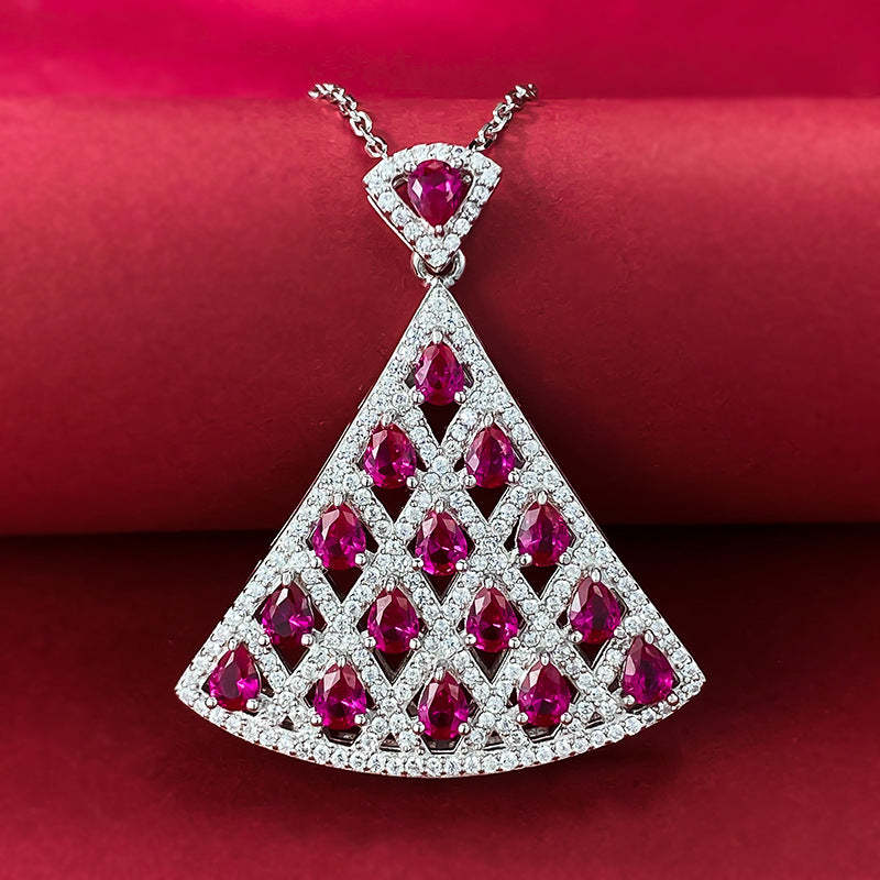 Mujing Jewelry 2023 New S925 Silver Necklace Pigeon Blood Red Fan-Shaped Necklace Pendant Female Niche Design Fashion-Mix MIx Style