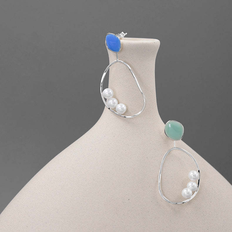 Irregular Green - Blue Minimalist Akoya Pearls Moissanite Diamonds 18k White/Vermeil Gold Plated Drop Earrings | Mix Mix Style-Mix MIx Style