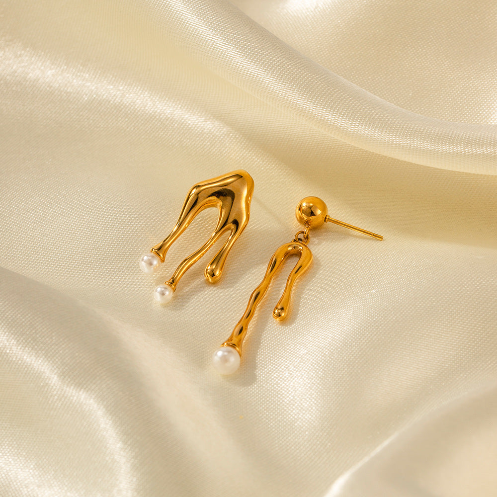 Drip Liquid White Akoya Pearl Elegant 18k Vermeil Gold Plated Vintage Retro Drop Earrings | Mix Mix Style-Mix MIx Style