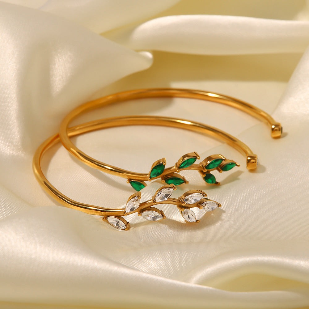 INS fashion new versatile titanium steel bracelet 18K gold electroplated green zircon leaf open bracelet women's hand jewelry-Mix MIx Style