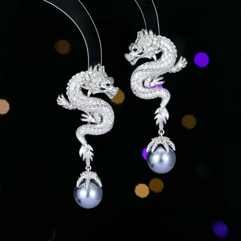 2024 Year of the Dragon Zodiac Earrings Pearl Chinese Style Heavy Zircon Inlay Personality Creative Design Dragon Earrings-Mix MIx Style