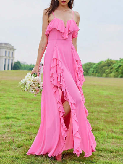 Pink Draped Ruffle Backless Double Slit Casual Birthday Valentine Maxi Dress | Mix Mix Style