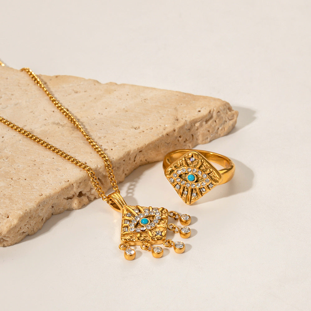 Turquoise Devils Eye Retro  Pendant White Diamonds Luxury 18k Gold Plated Necklace & Ring Jewelry Set | Mix Mix Style-Mix MIx Style