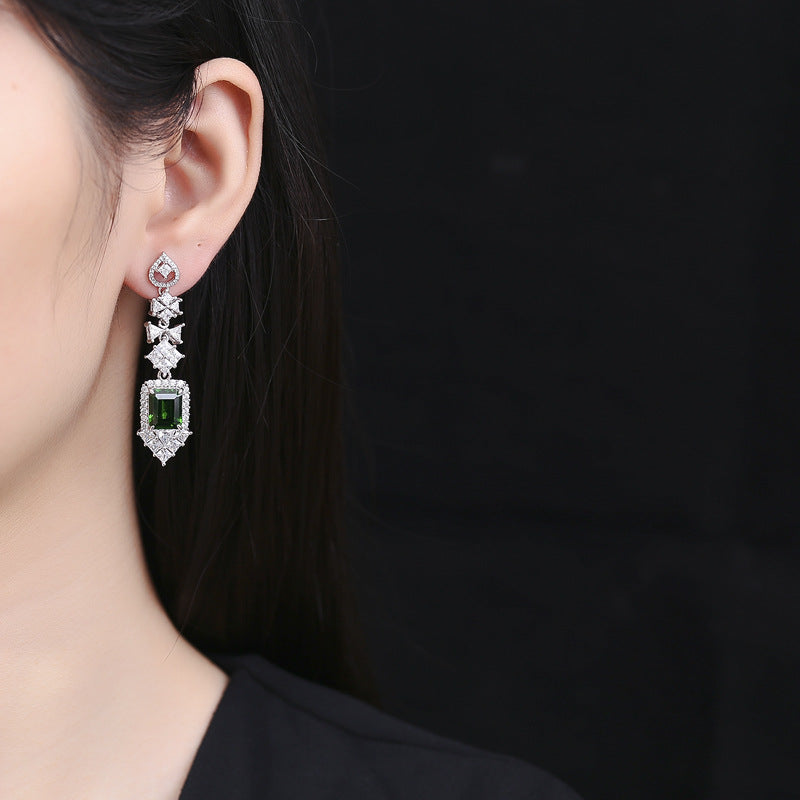 Green & White Embellished Emerald Moissanite Diamonds Elegant 18k White Gold Plated Drop Earrings | Mix Mix Style-Mix MIx Style