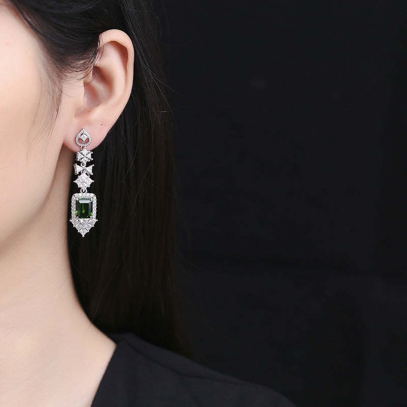 Green & White Embellished Emerald Moissanite Diamonds Elegant 18k White Gold Plated Drop Earrings | Mix Mix Style-Mix MIx Style