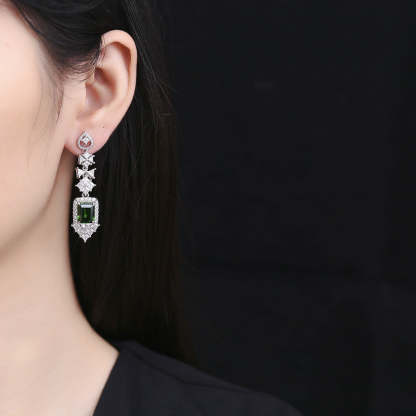Green & White Embellished Emerald Moissanite Diamonds Elegant 18k White Gold Plated Drop Earrings | Mix Mix Style-Mix MIx Style