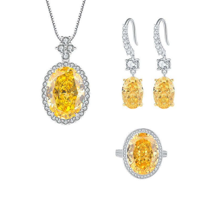 New European and American fashion high carbon diamond yellow diamond pendant 13*18 ring 12*16 earrings 8*12 set S925 silver-Mix MIx Style