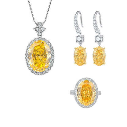 New European and American fashion high carbon diamond yellow diamond pendant 13*18 ring 12*16 earrings 8*12 set S925 silver-Mix MIx Style