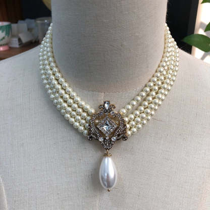 White Vintage Retro Multirow Akoya Pearls Diamonds Luxury 18k Gold Plated Necklace Earrings Jewelry Set | Mix Mix Style-Mix MIx Style