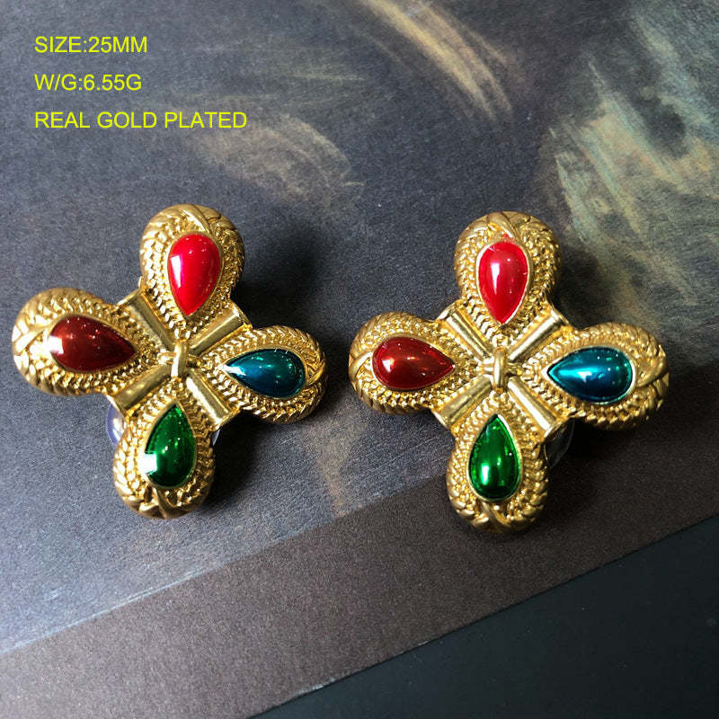 Blue - Red - Multicolor Leaf Trendy Moissanite Diamonds Luxury 18k Vermeil Gold Plated Stud Earrings | Mix Mix Style-Mix MIx Style