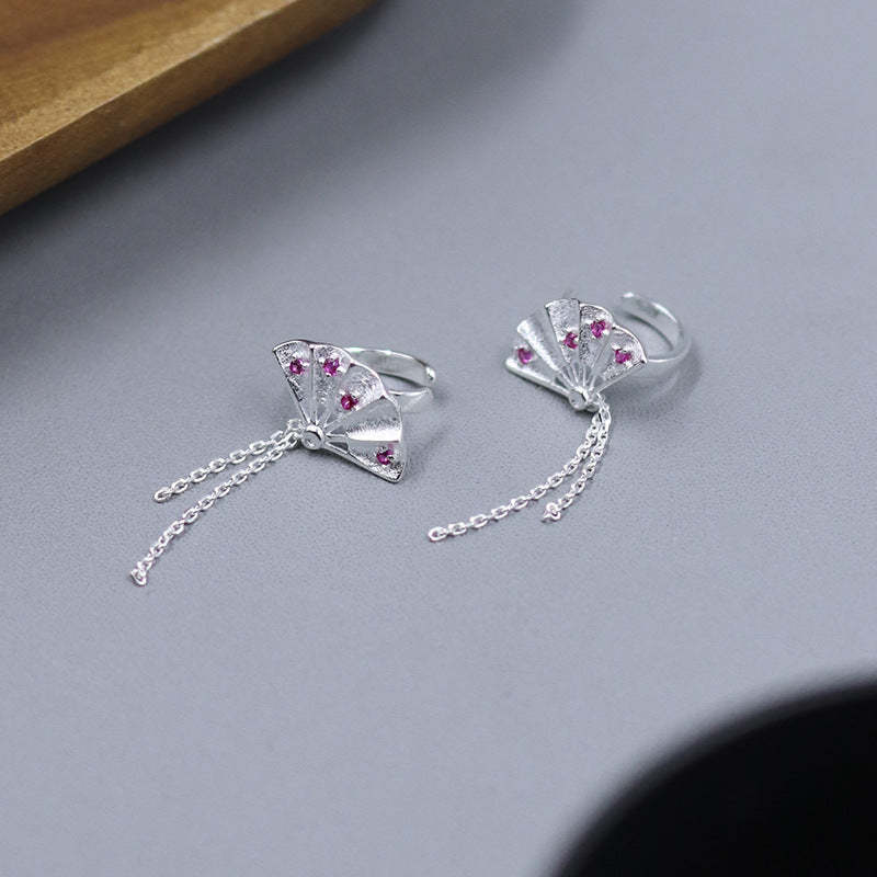 Original new product Shake Wind S925 sterling silver folding fan tassel ear bone clip new Chinese style national trend non-pierced earrings-Mix MIx Style