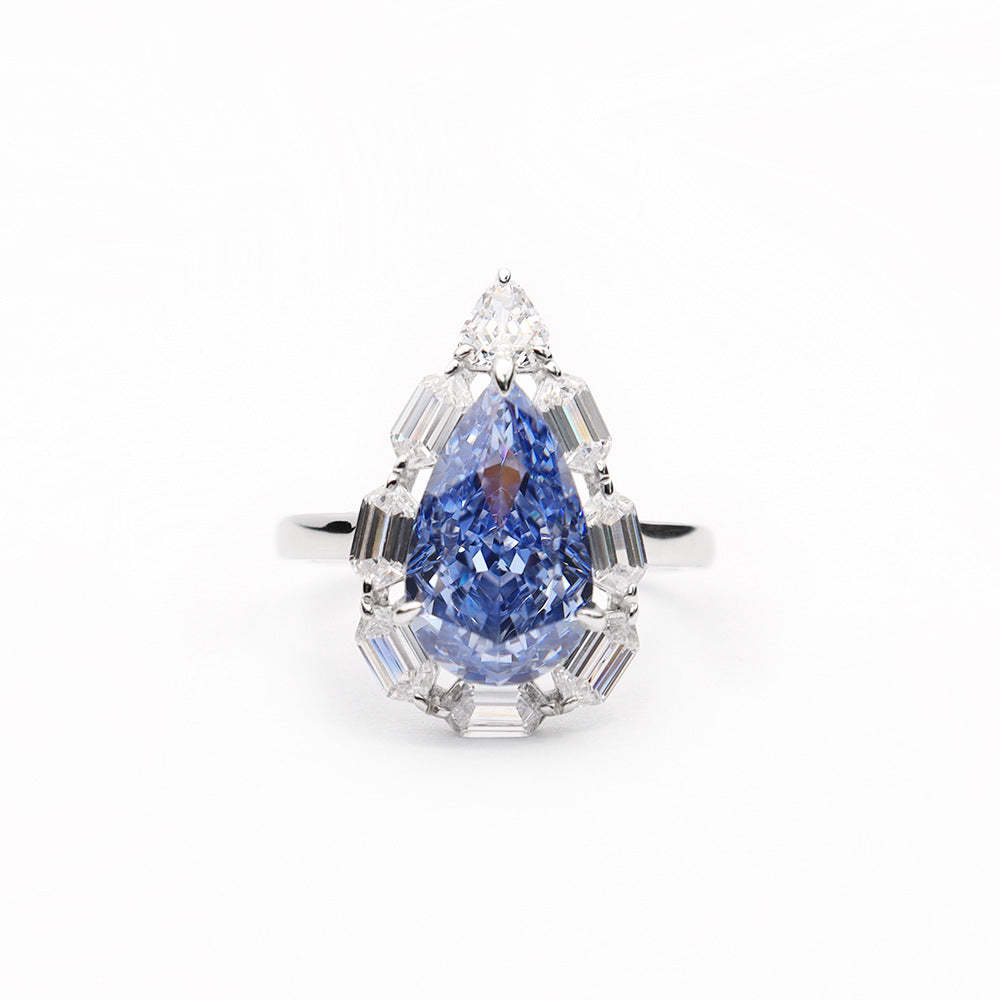 Blue Pear Cut Moissanite Diamond 18k White Gold Plated Engagement Ring | Mix Mix Style-Mix MIx Style