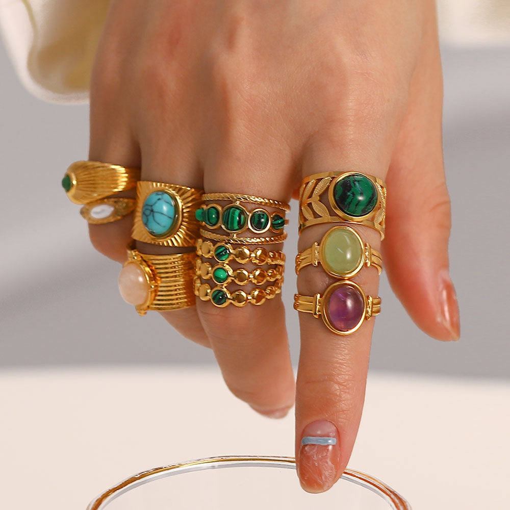 European and American retro stainless steel ring 18k gold plated ring inlaid with malachite jewelry wholesale-Mix MIx Style