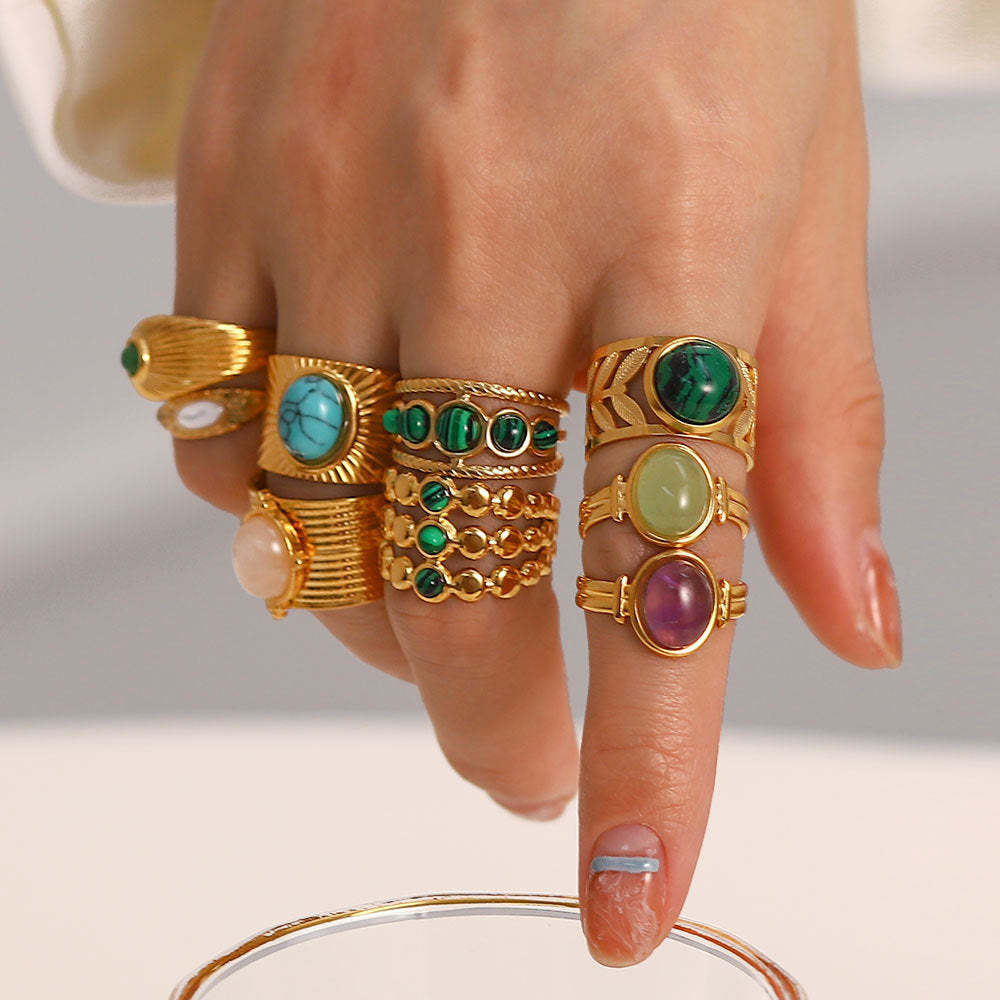 European and American retro stainless steel ring 18k gold plated ring inlaid with malachite jewelry wholesale-Mix MIx Style