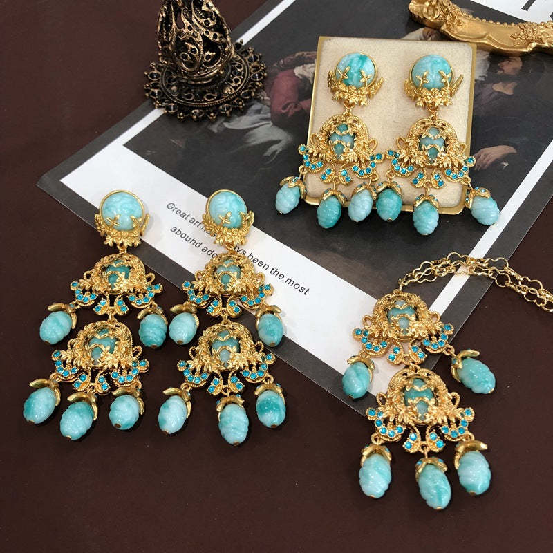 Aquamarine Blue Vintage Retro Classic Pendant Luxury 18k Gold Plated Necklace Earrings Jewelry Set | Mix Mix Style-Mix MIx Style