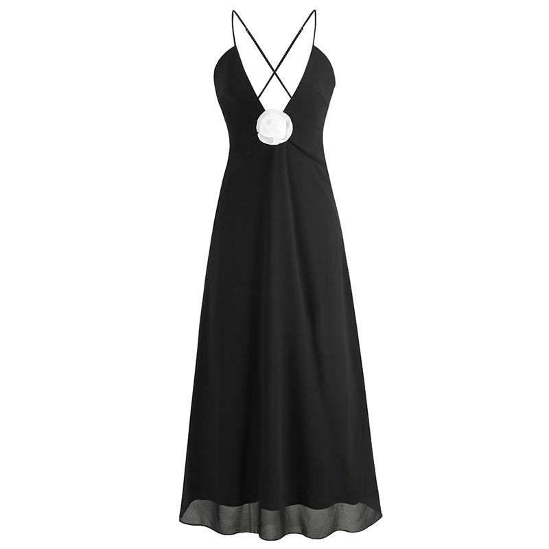 Black Deep V-neck 3D Flower Strappy Backless Casual Summer Maxi Dress 