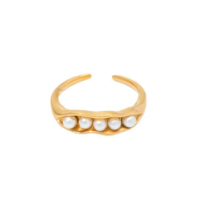 INS French 18K Gold Plated Stainless Steel Pea Pod Design White Pearl Adjustable Ring Women Jewelry Wholesale-Mix MIx Style