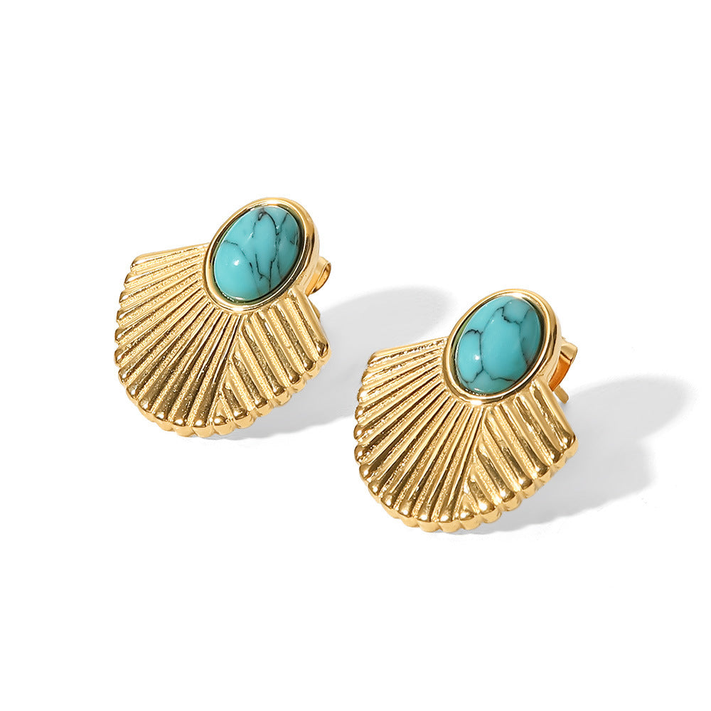 Fan Shaped Retro Classic Turquoise Shaped Gemstone Elegant 18k Vermeil Gold Plated Stud Earrings | Mix Mix Style-Mix MIx Style