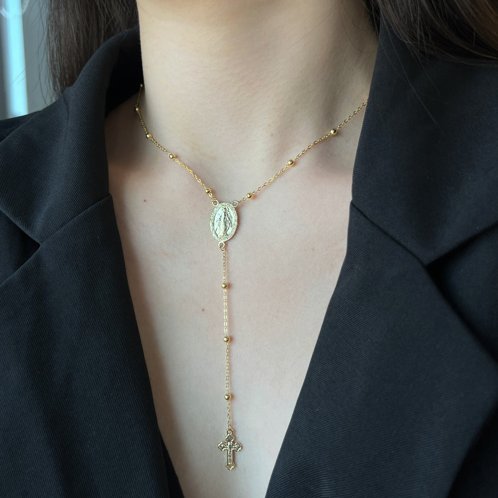 S925 sterling silver necklace female retro fashion simple personality Maria cross pendant long round bead clavicle chain-Mix MIx Style